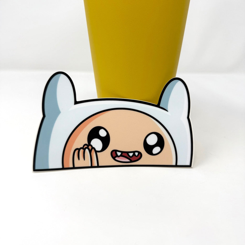 Waterproof vinyl Finn sticker for cars, laptops, and gear.