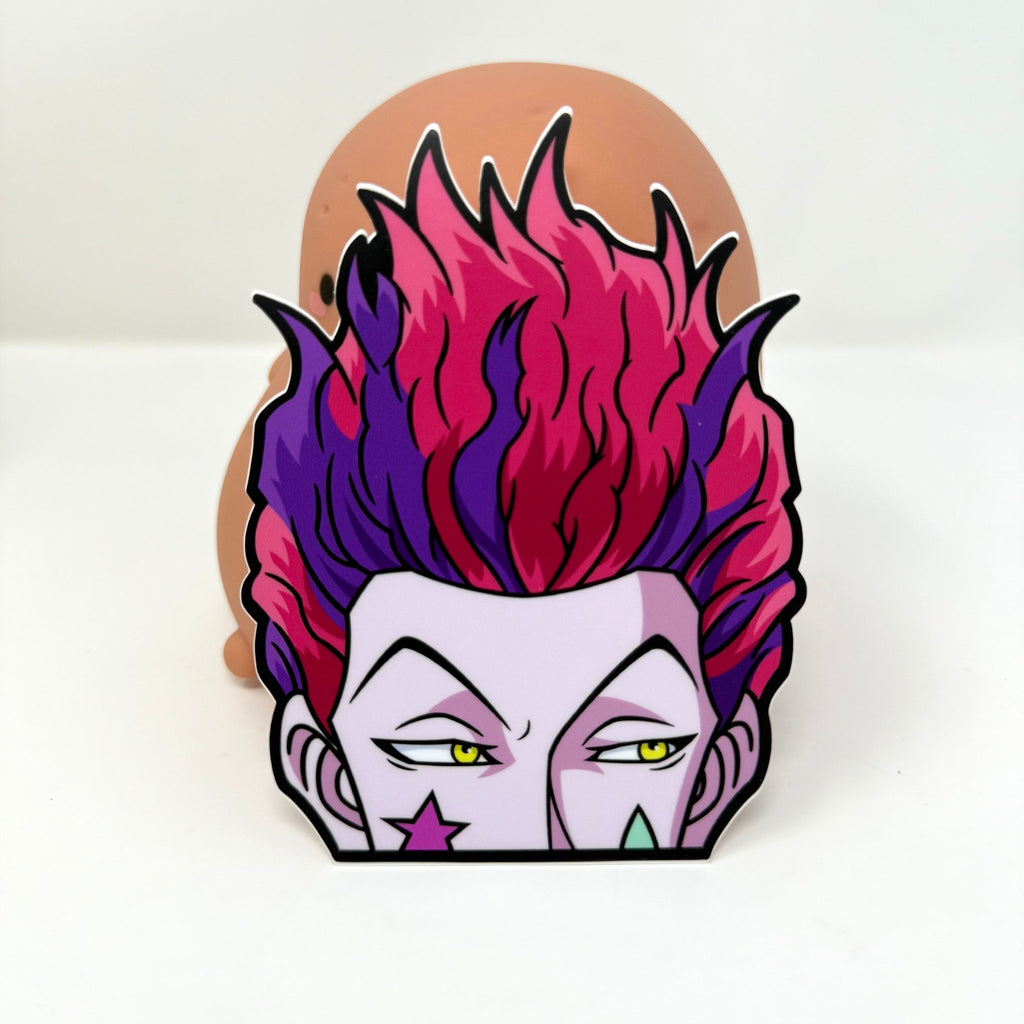 Waterproof vinyl Hisoka sticker for cars, laptops, and gear.