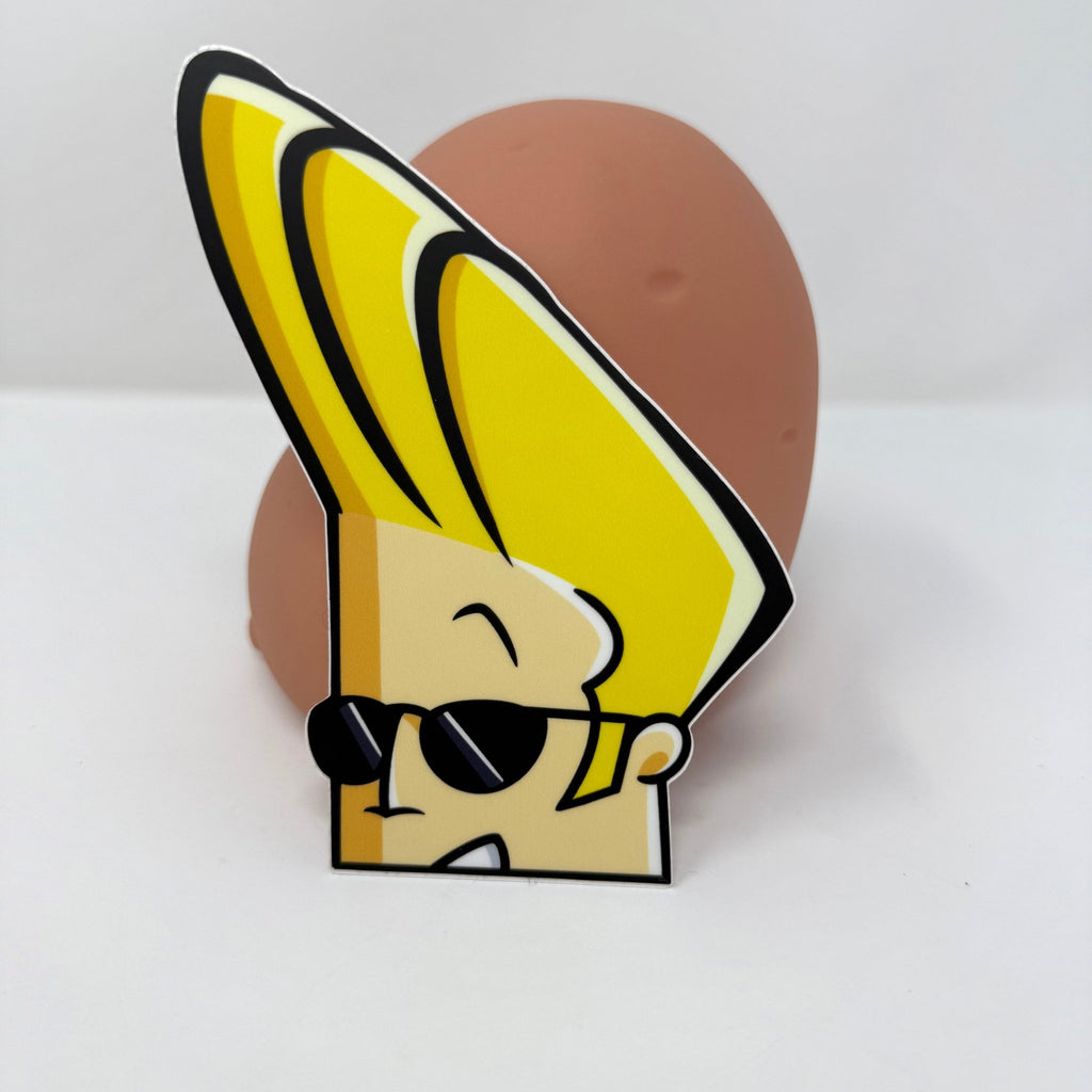 Waterproof vinyl Johnny Bravo sticker for cars, laptops, and gear.