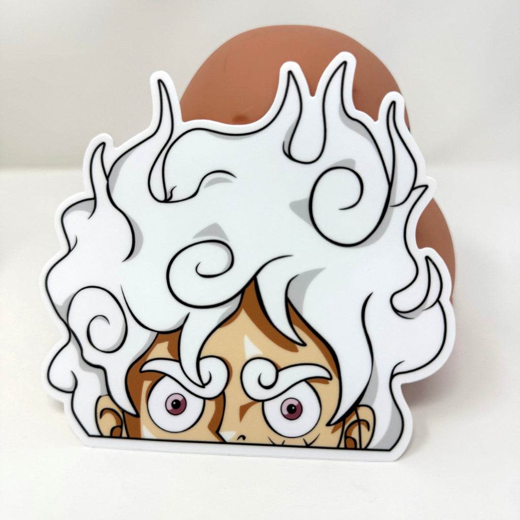 Waterproof vinyl Gear 5 Luffy sticker for cars, laptops, and gear.