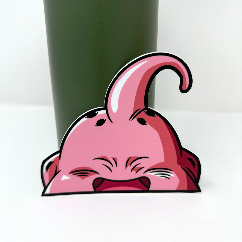 Waterproof vinyl Majin Buu sticker for cars, laptops, and gear.