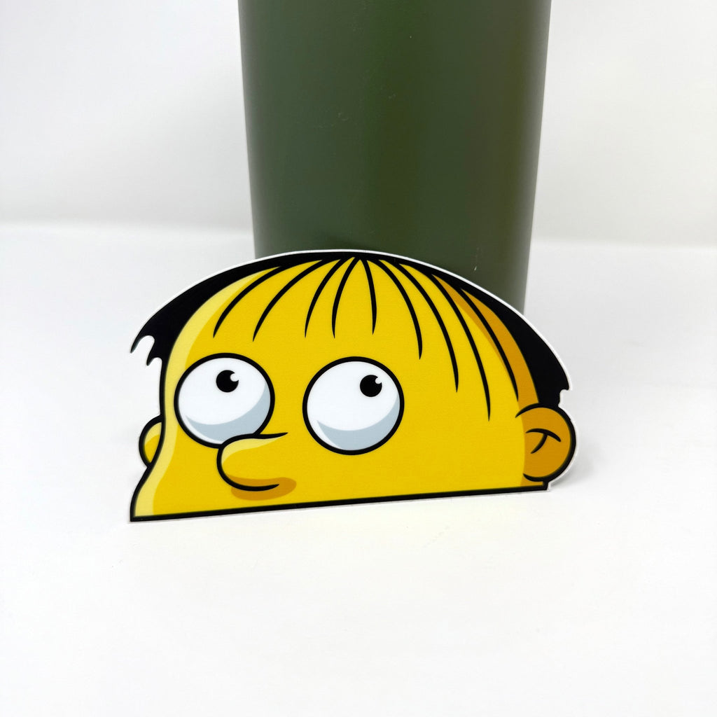 Waterproof vinyl Ralph Wiggum sticker for cars, laptops, and gear.