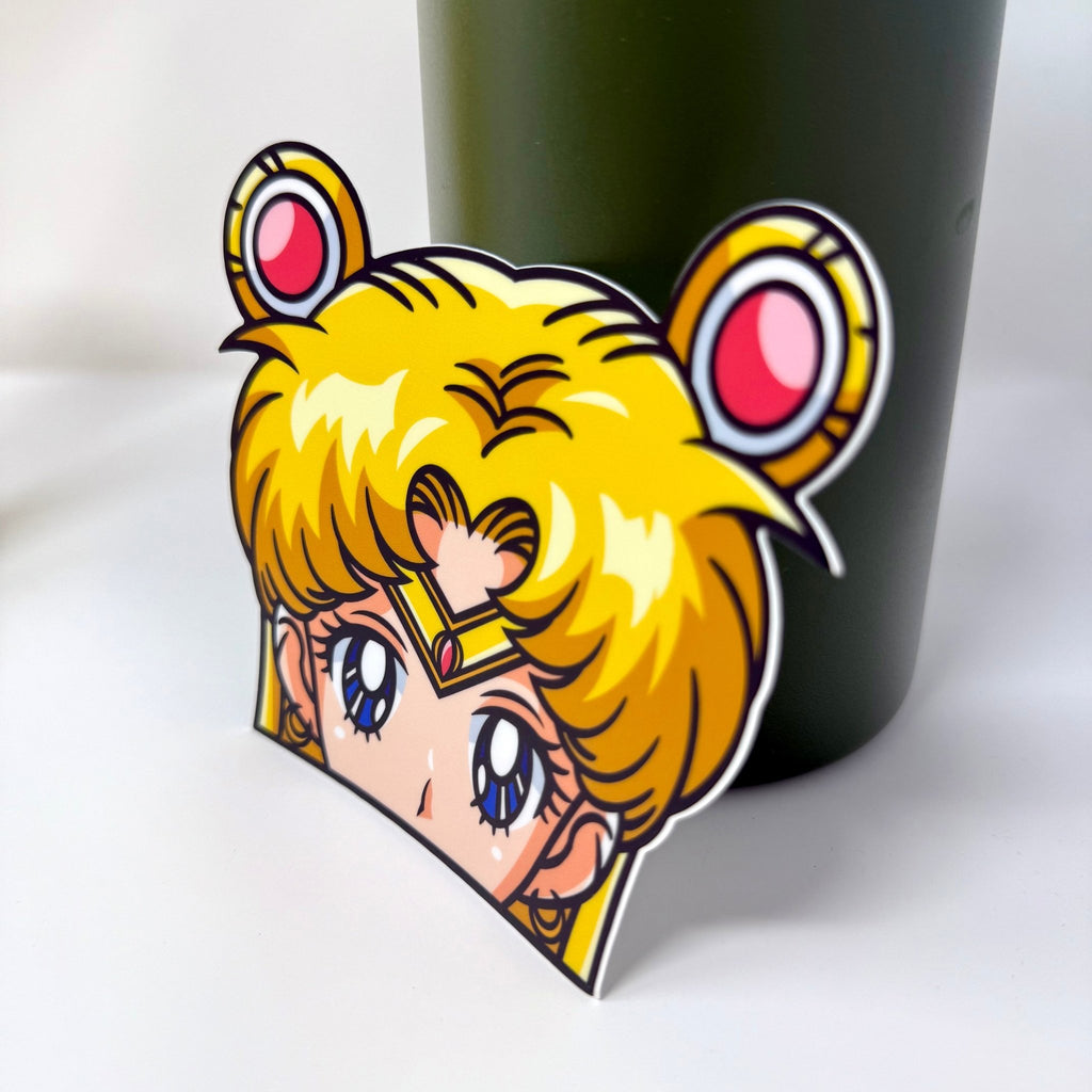 Waterproof vinyl Sailor Moon sticker for cars, laptops, and gear.