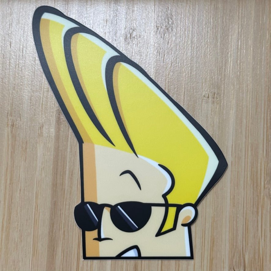 Dynamic Johnny Bravo vinyl decal, ideal for cartoon car enthusiasts.