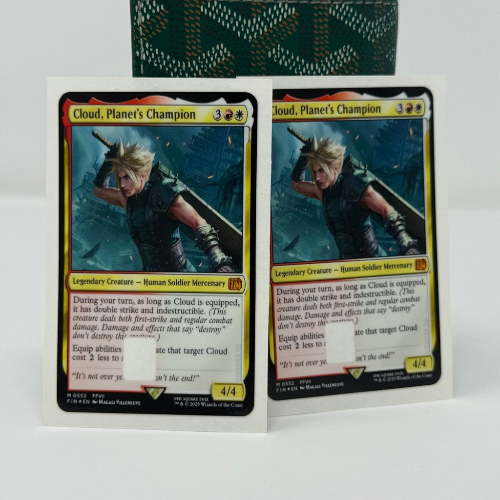 Set of two identical Cloud, Planet's Champion Magic: The Gathering credit card stickers displayed side by side against green patterned wallet, showing Final Fantasy VII's Cloud Strife with Buster Sword in legendary creature card format from Kibakiba.co