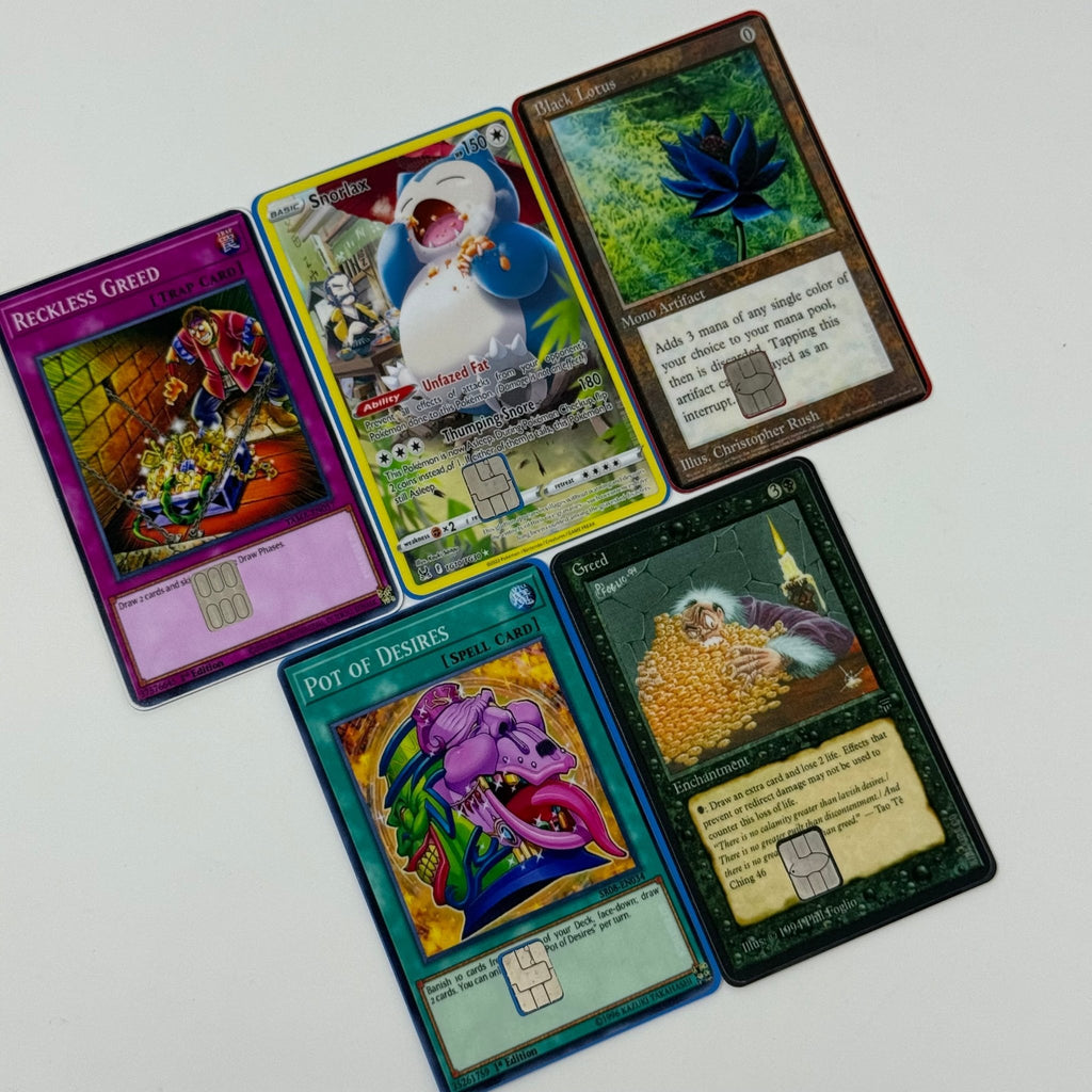 Five colorful trading cards on a white background