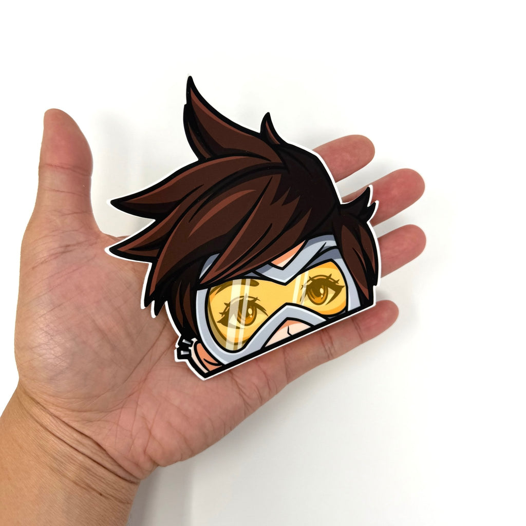 Gaming fan sticker featuring Tracer’s iconic goggles and pose.