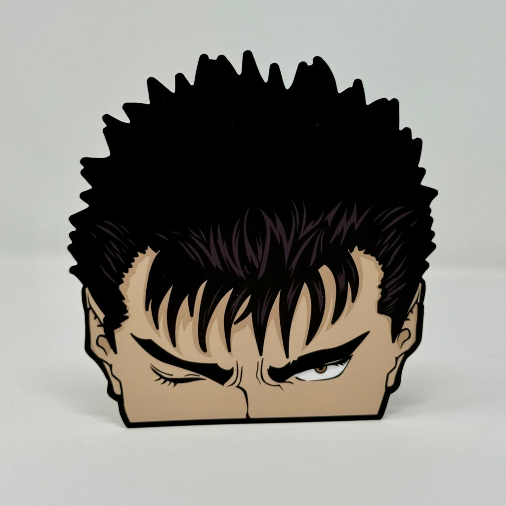 Guts peeker sticker featuring his iconic spiky hair and intense glare from Berserk