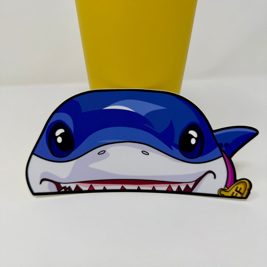 Jeff the Land Shark peeker sticker featuring adorable cartoon shark face with expressive eyes