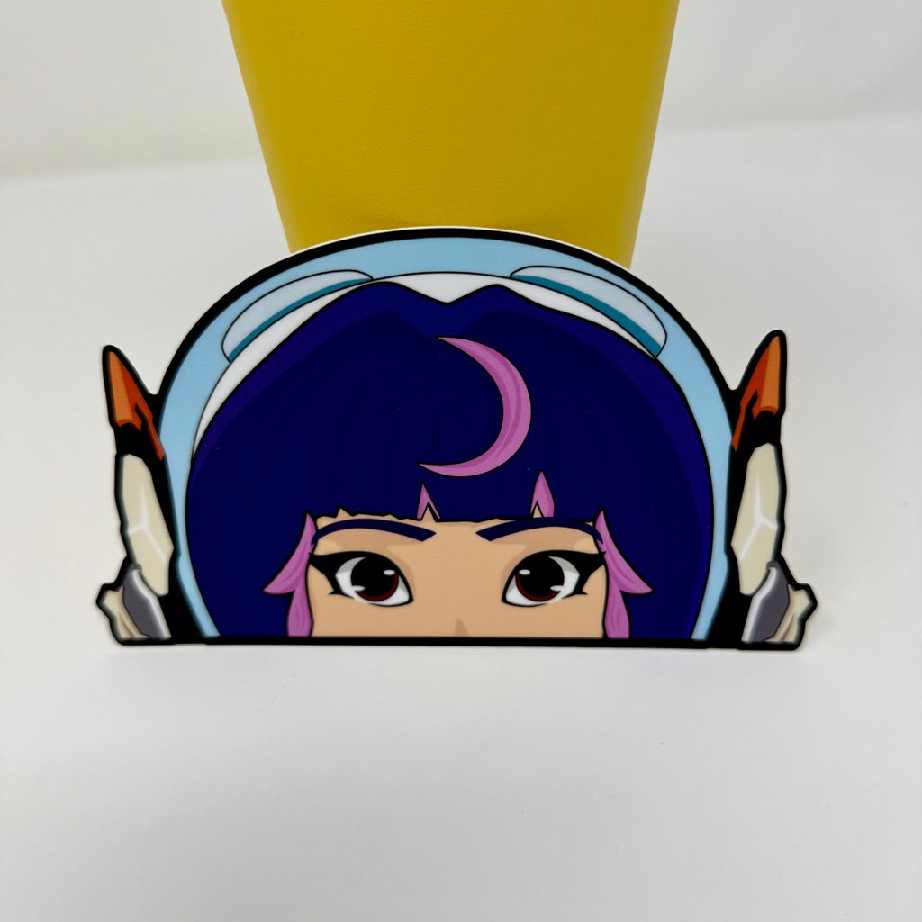 Durable Overwatch character peeker sticker with cosmic healer aesthetics