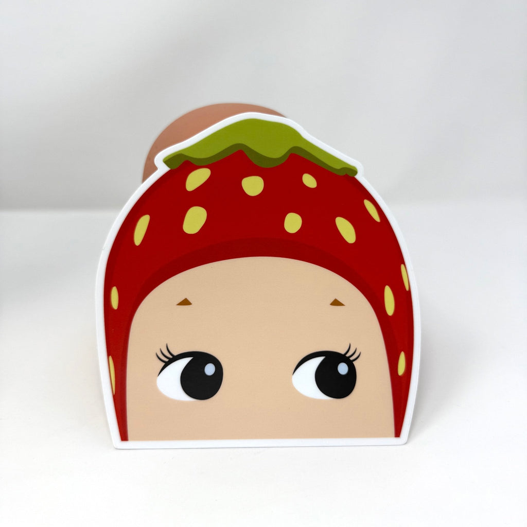 Waterproof vinyl Strawberry Sonny Angel sticker for cars and laptops.