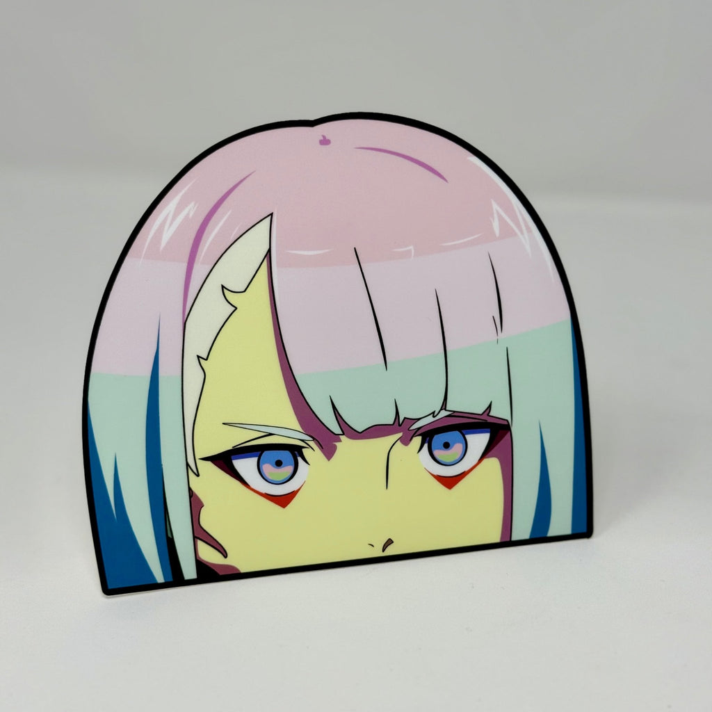 Lucy peeker sticker featuring her pink-blue gradient hair and intense blue-green eyes from Cyberpunk Edgerunners