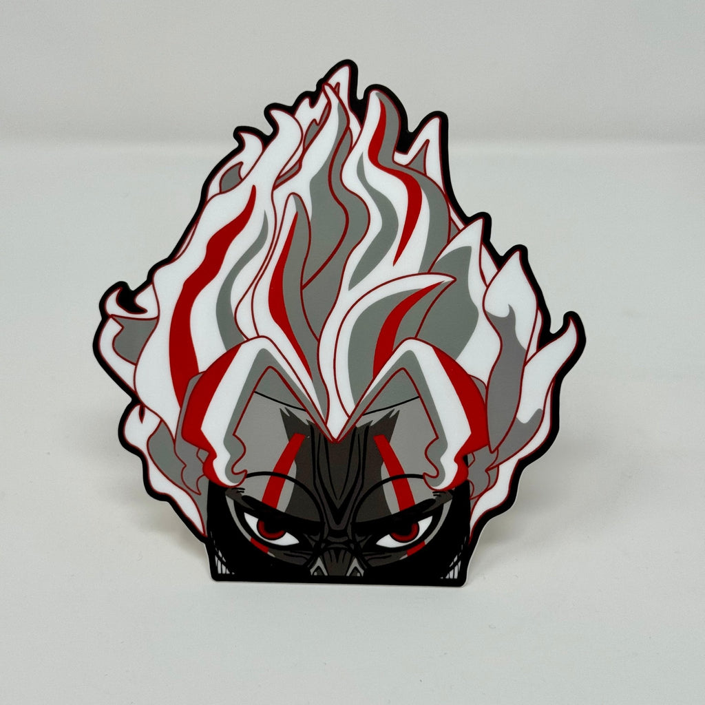 Okarun Power Mode peeker sticker from Dandadan with flaming aura and red eyes