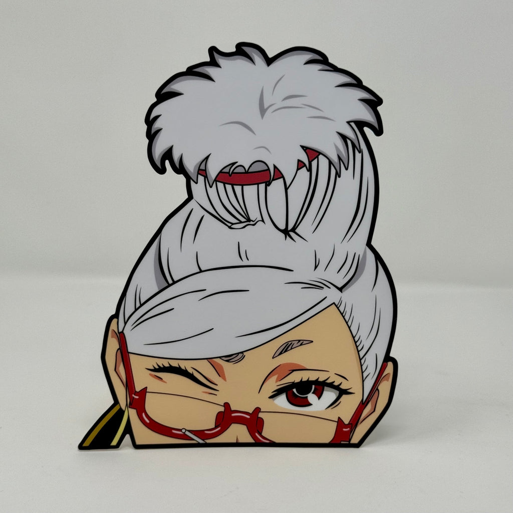 Durable Dandadan character peeker sticker with spiritual medium's playful face