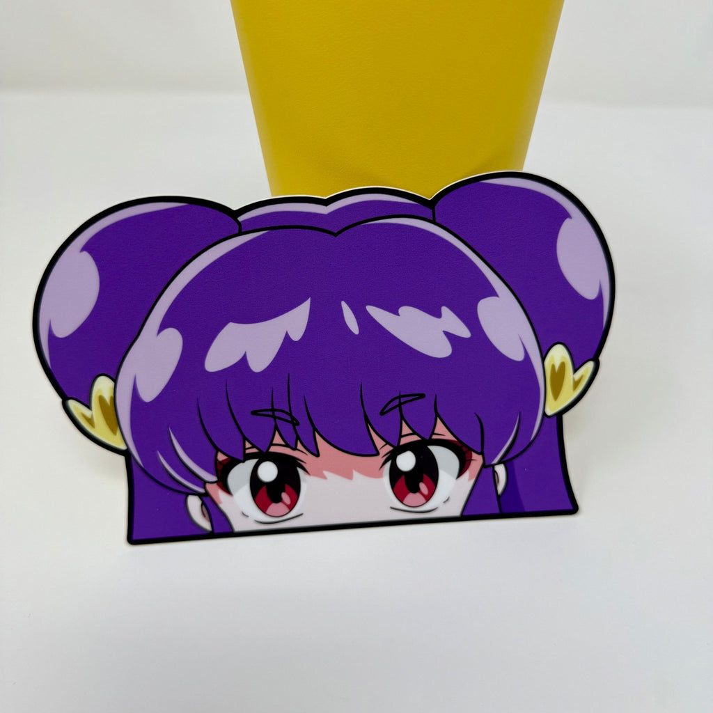Waterproof vinyl Shampoo sticker with distinctive Chinese Amazon warrior styling and purple hair