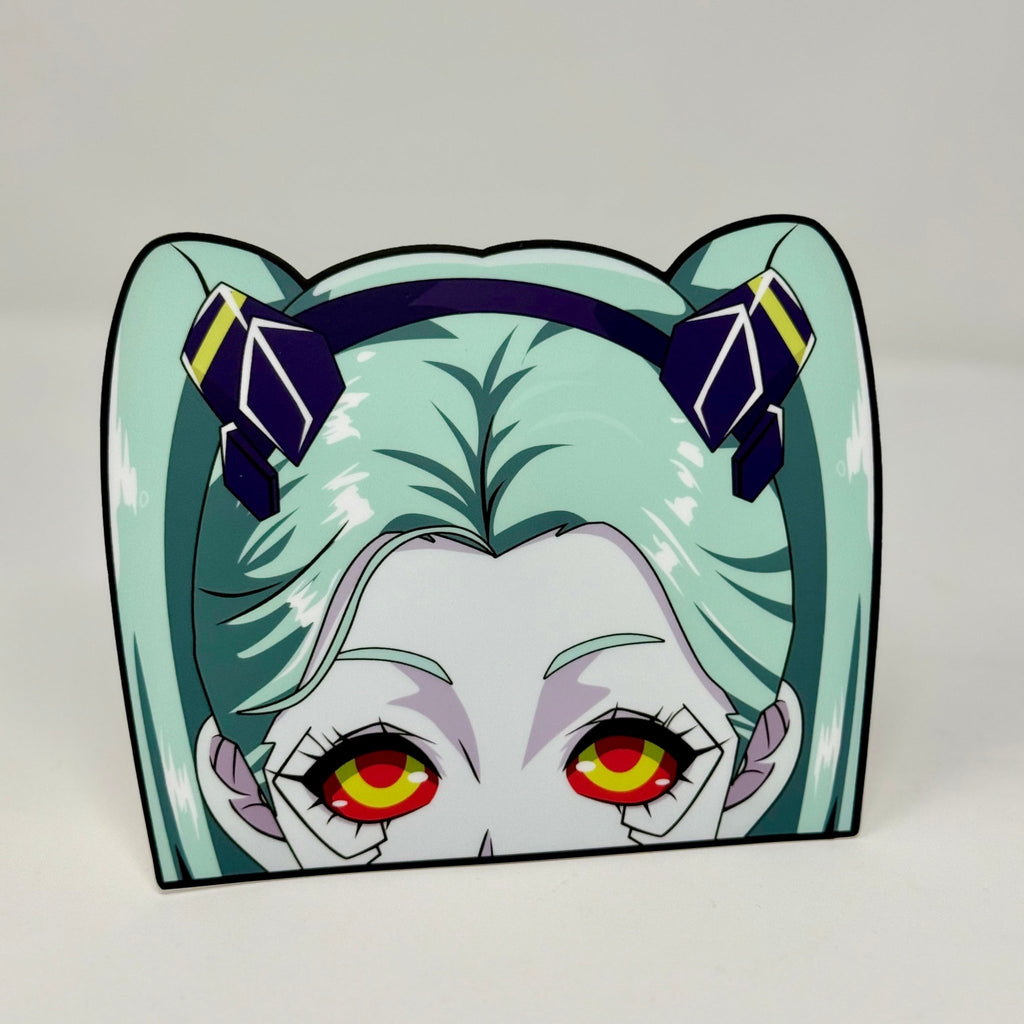 Rebecca peeker sticker featuring her mint pigtails and target-pattern eyes from Cyberpunk Edgerunners