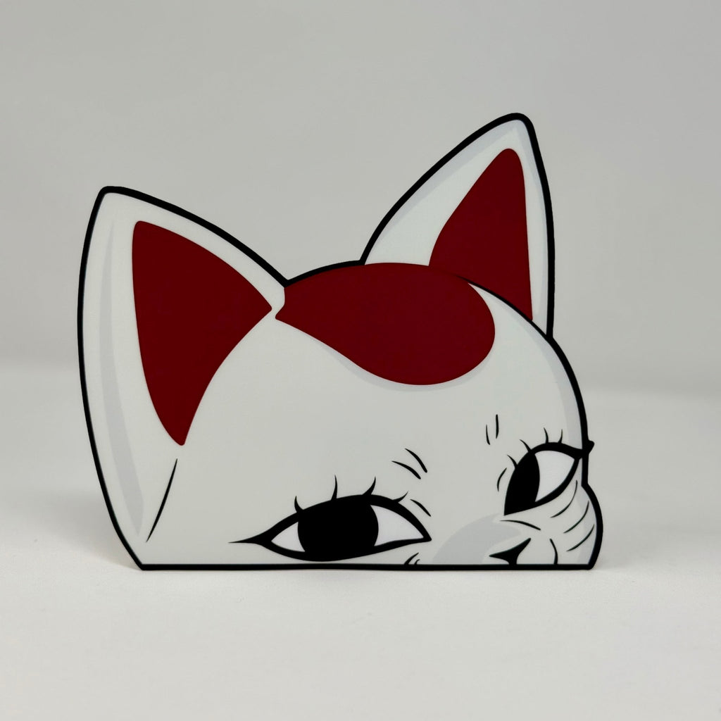 Turbo Granny cat form peeker sticker from Dandadan with white face and red ears