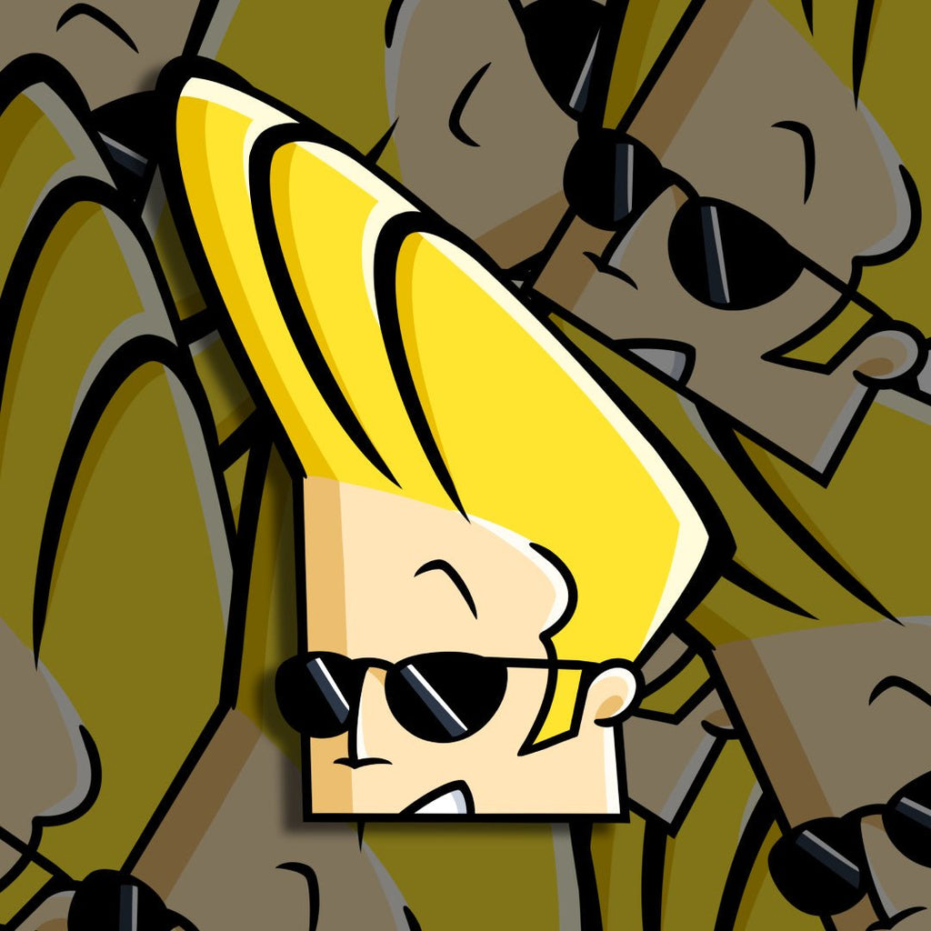 Johnny Bravo peeker sticker, perfect for Cartoon Network collectors.