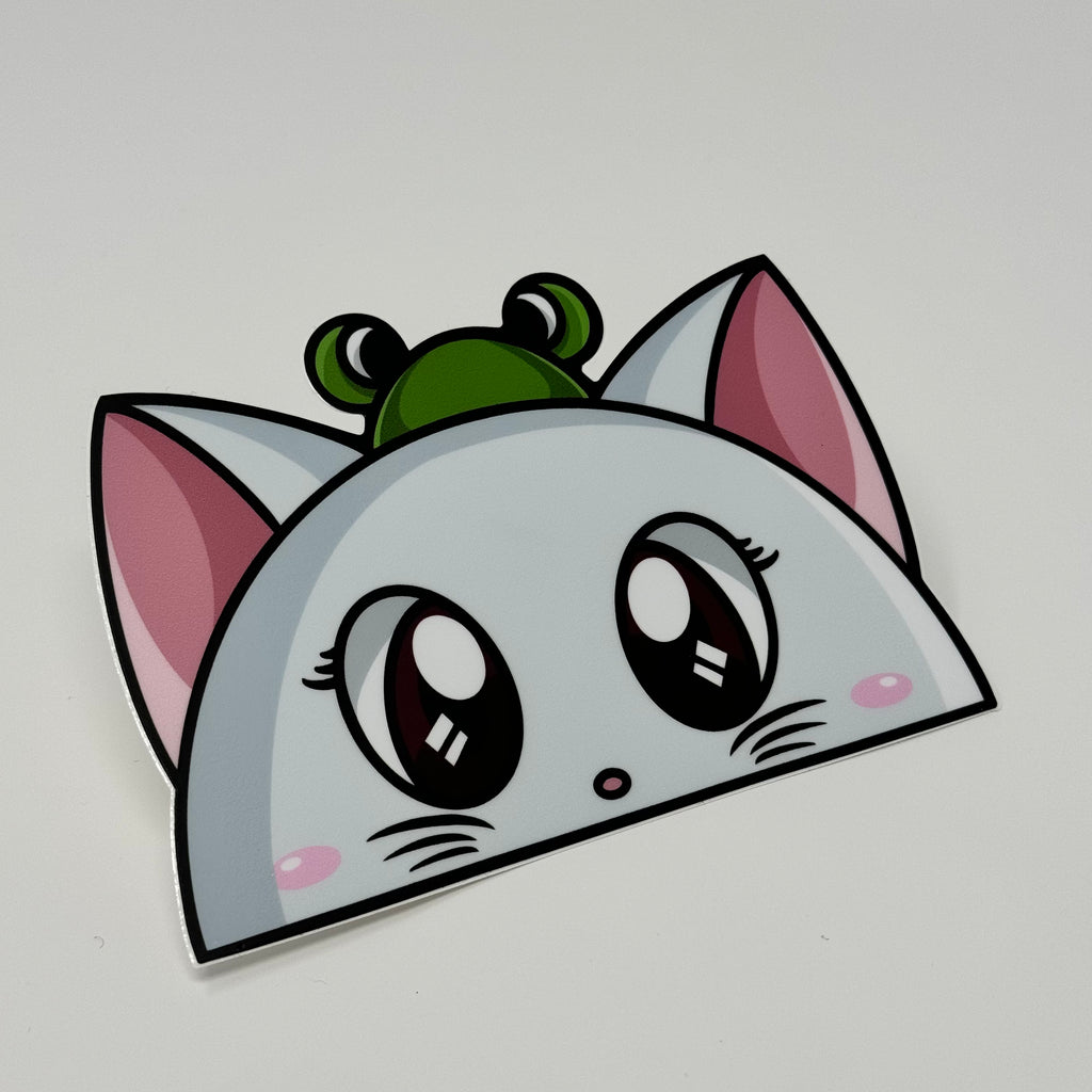 Peeker whimsical cat sticker, perfect for collectors.