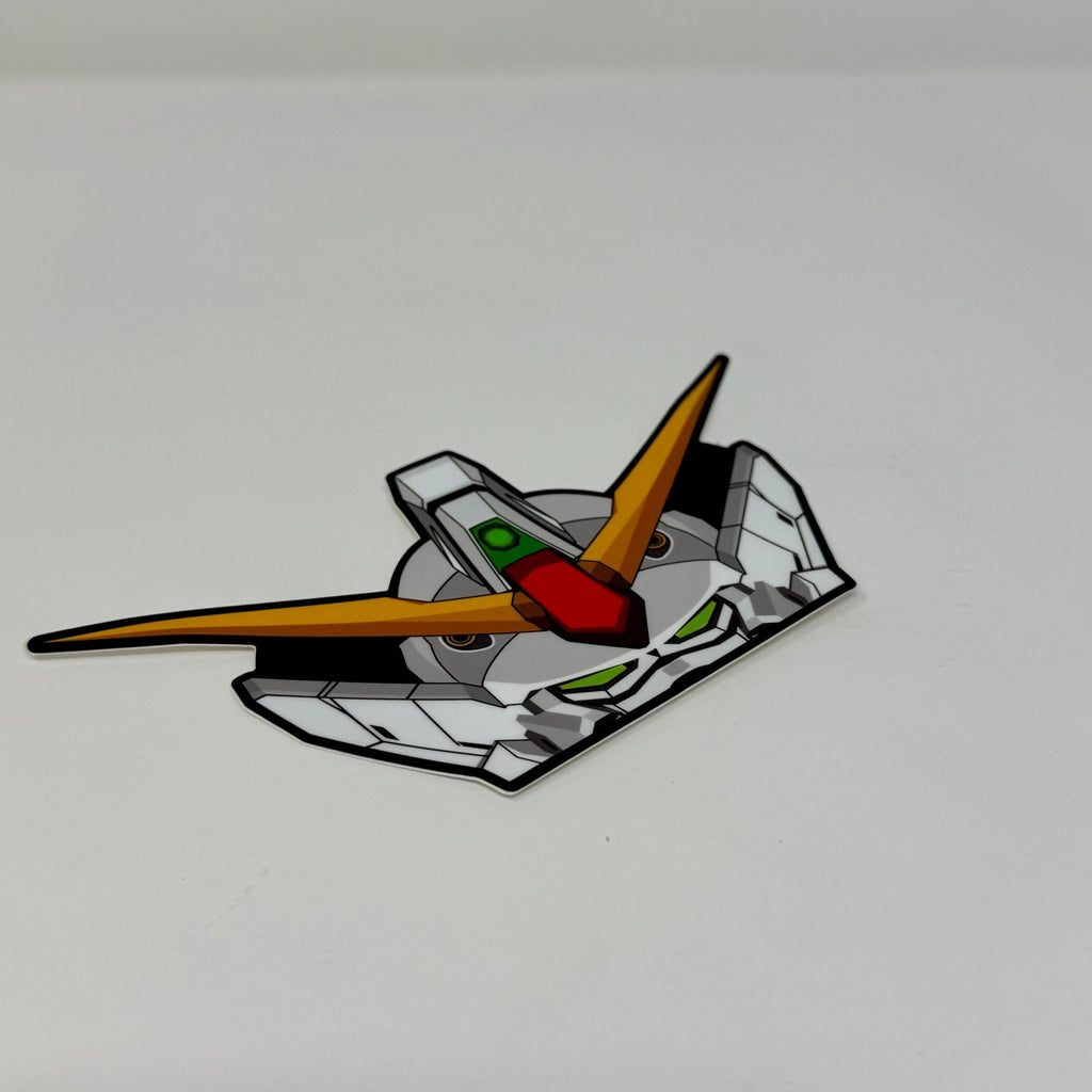 Premium Gundam Wing vinyl decal showcasing XXXG-01W with its distinctive green eyes and red centerpiece
